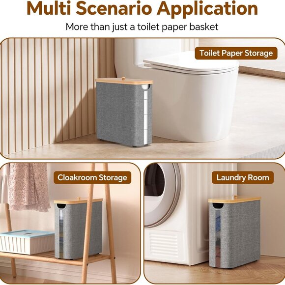 Toilet Paper Storage w/Bamboo Lid, 33.8L Foldable Toilet Paper Basket Organizer - Picture 3 of 7